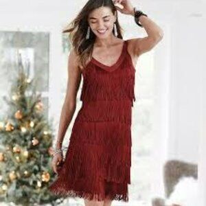 White House Black Market Fringe Sleeveless Dress Red Maroon S NWT